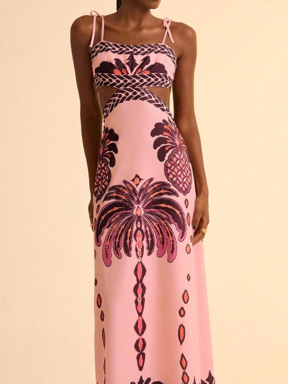Pink Printed Tie-Shoulder Maxi Dress- SMALL, NEW WITH TAGS
